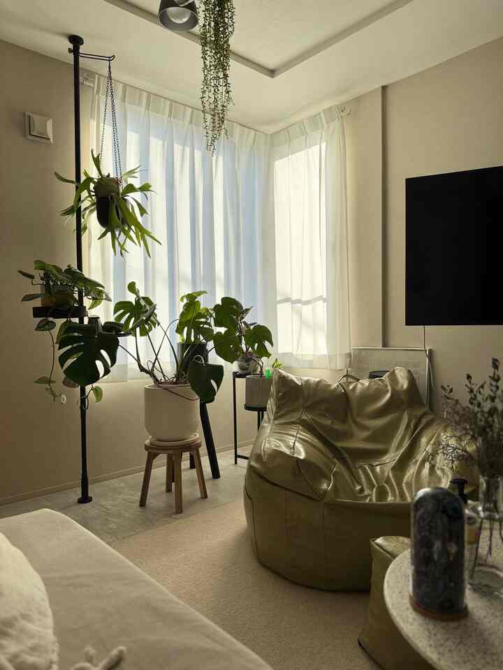 落ち着いたベージュとナチュラルトーンのリビング、中央にビーズクッションと複数の緑の植物が配置された空間