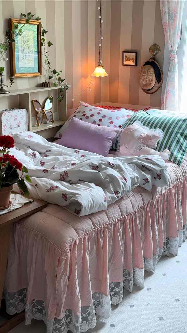 ピンクと白を基調とした6畳の寝室、ヴィンテージのベッドに花柄寝具とレースのベッドスカート、暖かな照明が配置された雰囲気のあるインテリア