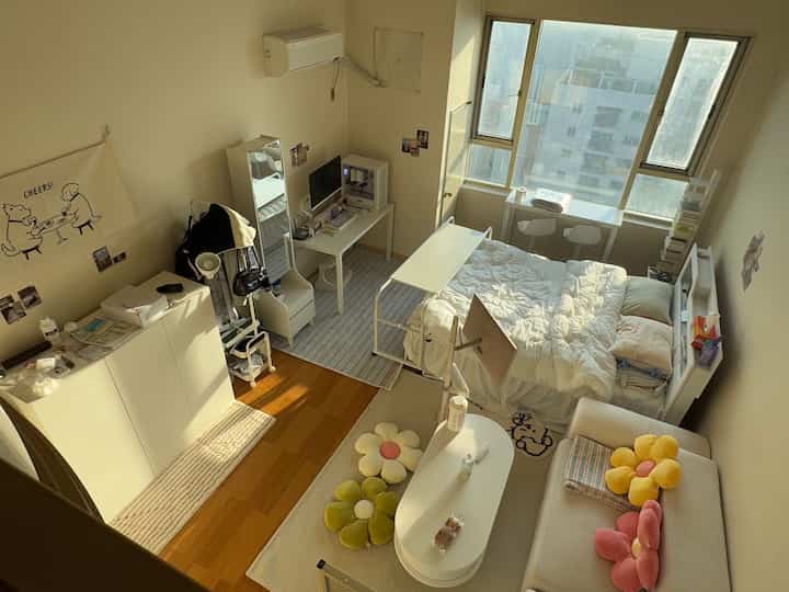 温かみのあるナチュラルトーンのワンルーム寝室兼リビング、白い家具と木目調の床が調和した雰囲気のあるインテリア