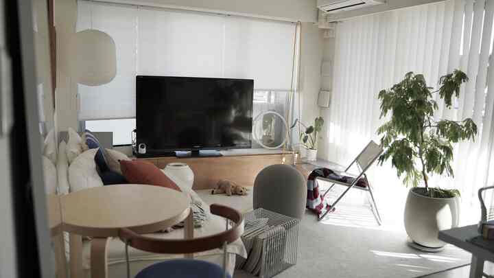 Natural tone long and narrow living room featuring large TV, white sofa, plants, and floor lamp creating a cozy atmosphere