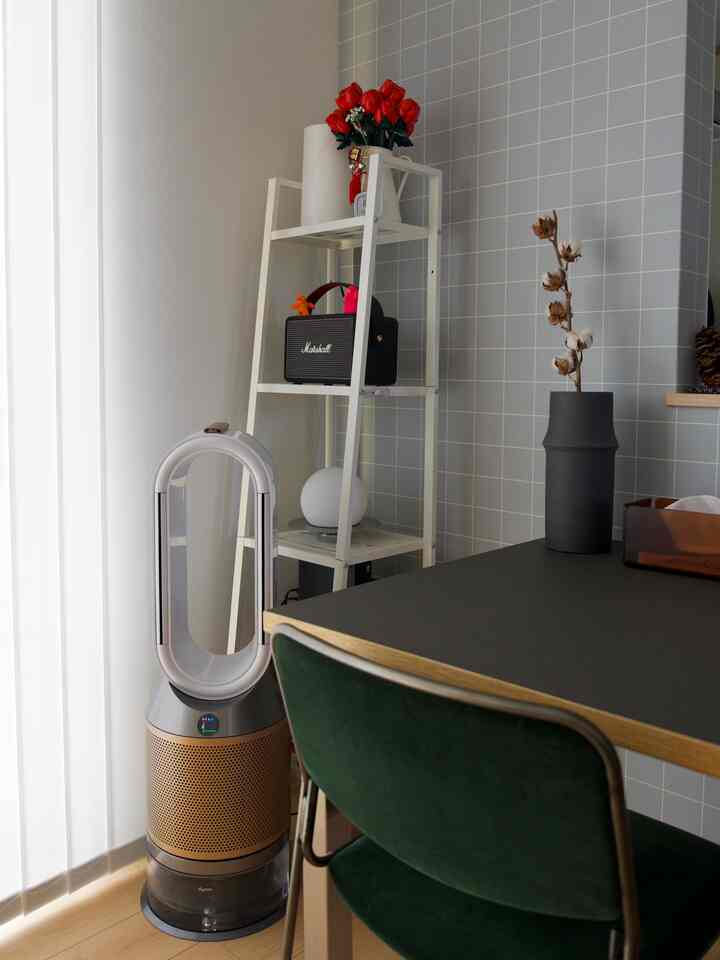 白とナチュラルカラーのダイニングルーム、ダイソンの空気清浄機と棚、ダイニングテーブル、緑のダイニングチェアが配された雰囲気のあるインテリア