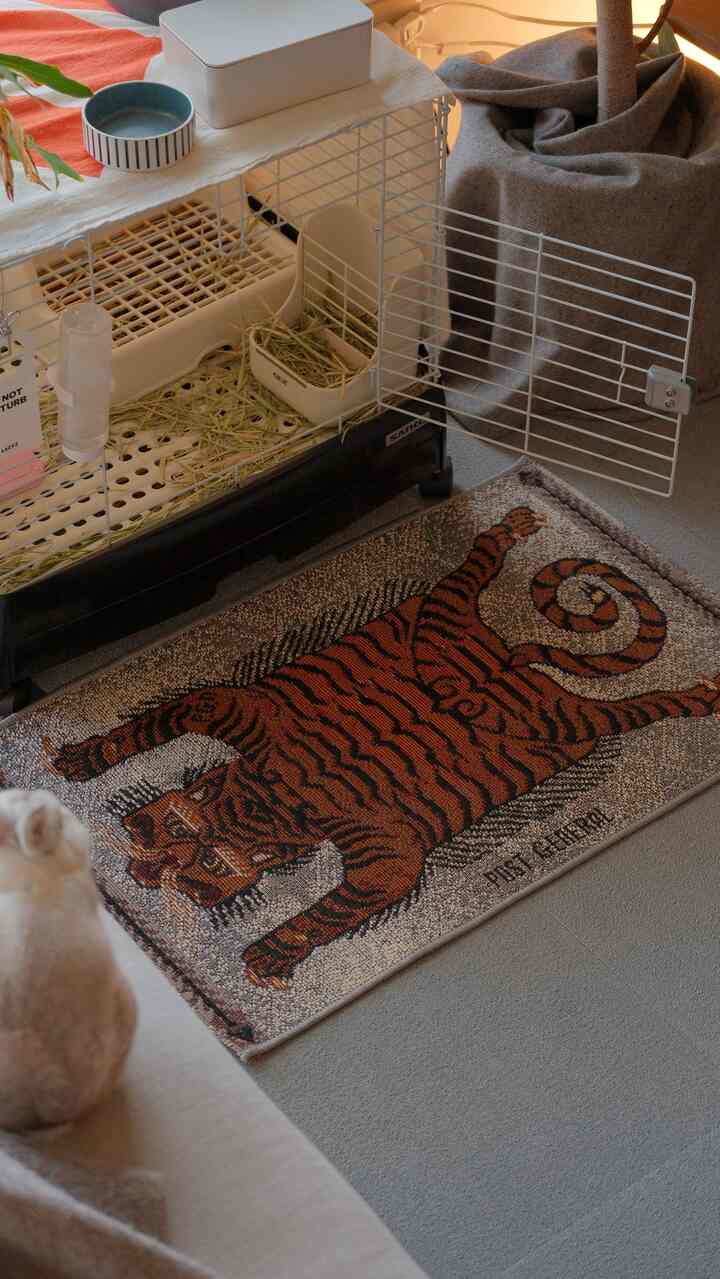 Beige-toned living room featuring a tiger-pattern rug and white pet cage creating a cozy pet space