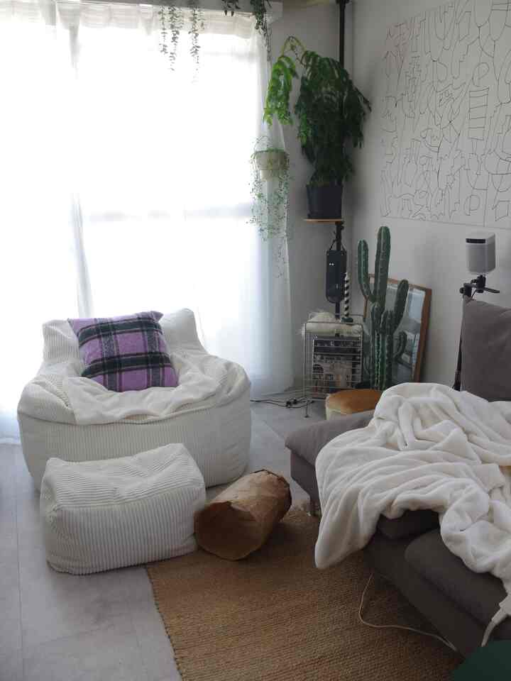 明るい白と茶色のトーンの一人暮らし用リビング、ビーズクッションとソファが配置され、緑の植物が温かみのある雰囲気を演出している