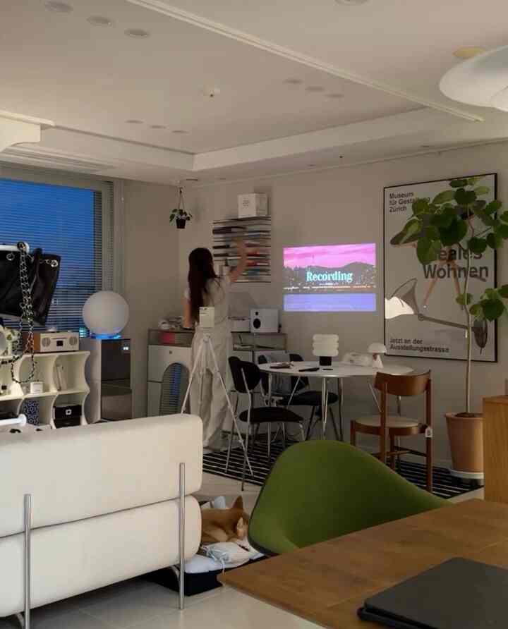 白を基調としたリビング、ソファとダイニングテーブル、犬がくつろぐモダンな空間