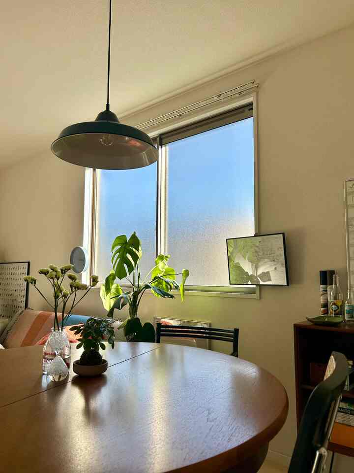 やわらかな木目調と自然光が調和するダイニングルーム、ペンダントライトと植物が落ち着いた雰囲気を作る空間