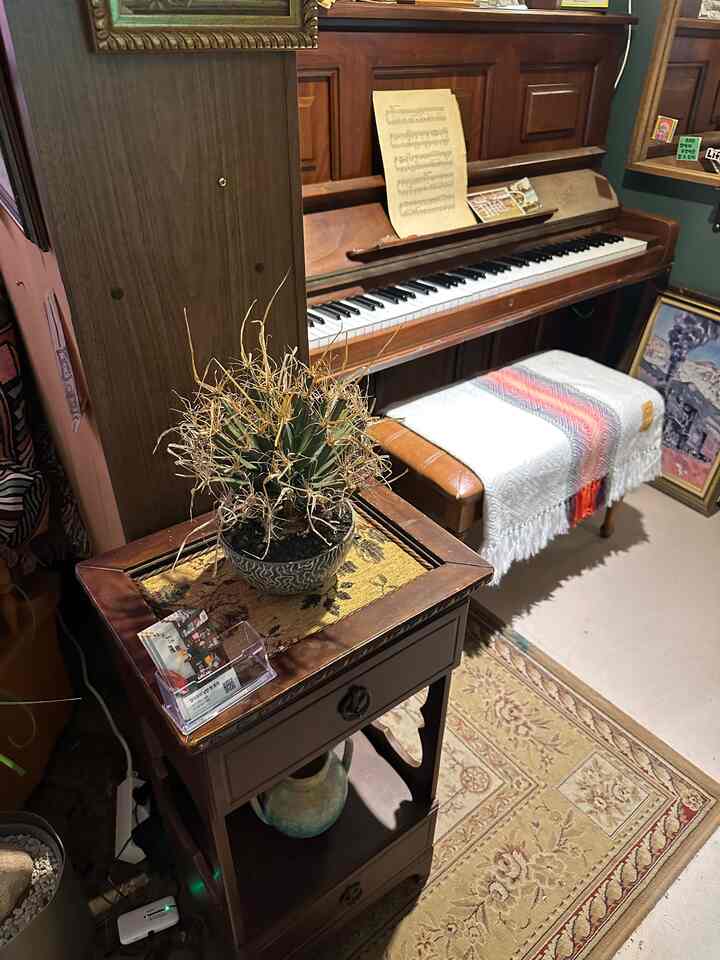 ナチュラルカラーのヴィンテージ調書斎、ピアノとナイトテーブル、ラグが配置された雰囲気のあるインテリア