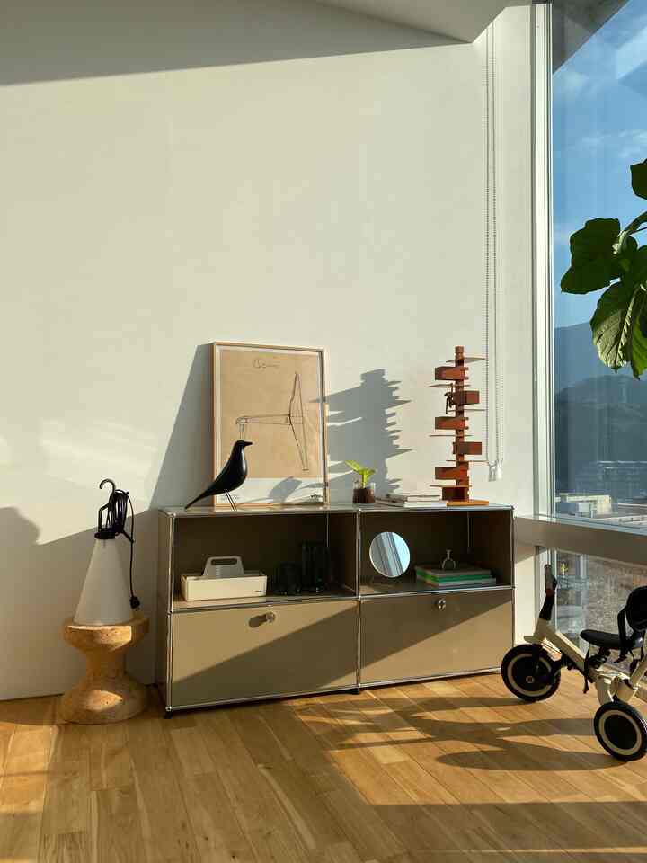 A bright beige-walled room with wood tone flooring featuring a sideboard adorned with objets and a small plant, creating a clean interior