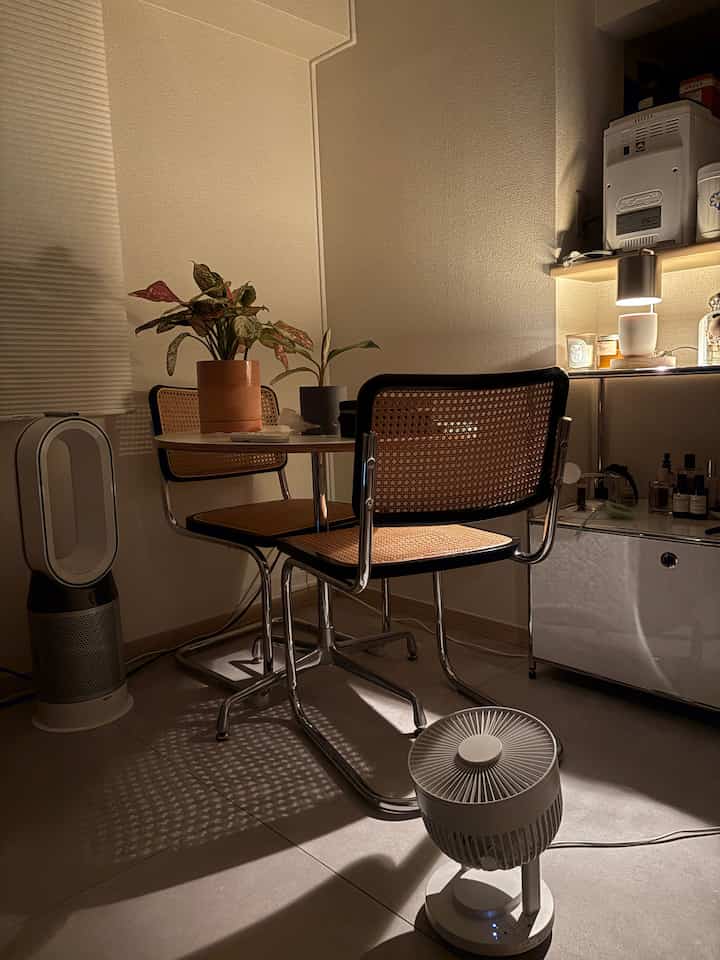 温かみのあるブラウン調のミッドセンチュリーモダンなダイニング空間、植物と柔らかな照明が配置された賃貸住宅の食卓と椅子