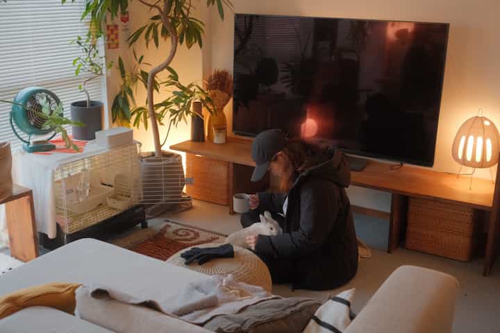 暖かいベージュとナチュラルな色調のリビング、ソファとテレビ周辺にペットと温かい照明がある雰囲気の良い空間