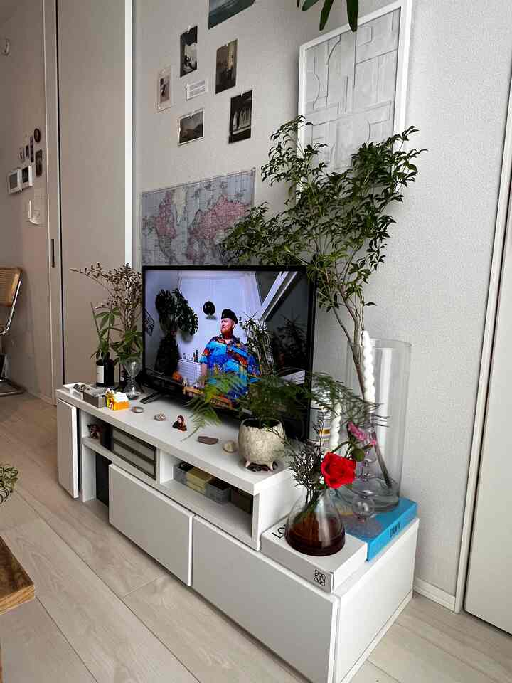 明るい白とナチュラルな木目調が調和したコンパクトなリビング、テレビ台の上に植物とポスターが配置された印象的な空間