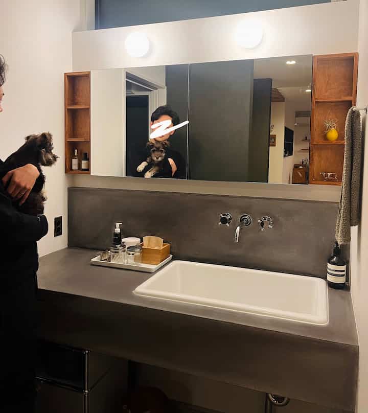 Gray-toned bathroom washbasin and mirror with wooden shelves on both sides in a modern setting