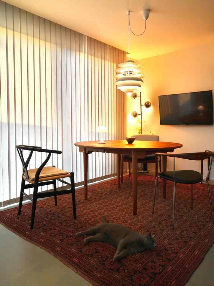 Cozy Nordic dining room with warm lighting, wooden furniture, and a gray cat lying on a red patterned rug