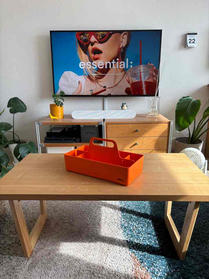 Natural wood-toned living room for a single household featuring an orange toolbox on a wooden table