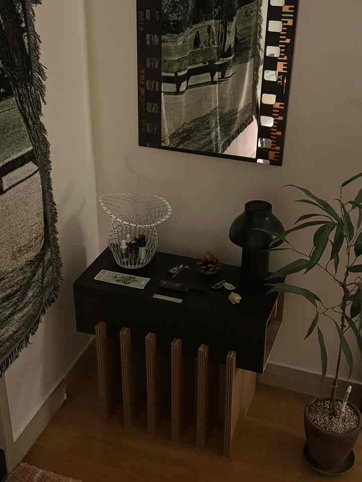 A black and natural color toned bedroom corner featuring a side table and potted plant, creating a cozy exhibition space