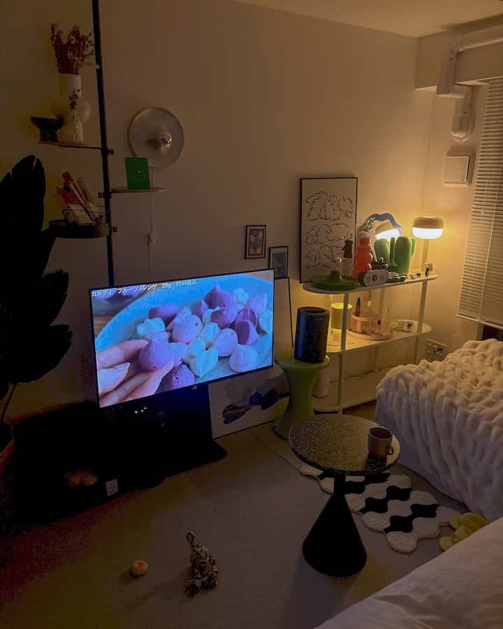 柔らかな白色とモダンなトーンの一人暮らし用8畳寝室、ソファベッドと照明、犬のおもちゃがある居心地の良い空間