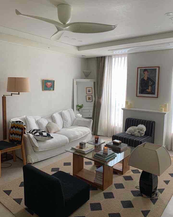 ホワイトとナチュラルカラーのリビング、広めのソファとコーヒーテーブル、ペットの犬がいる落ち着いた空間