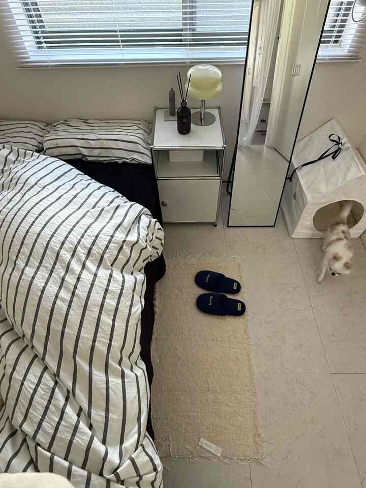 Ivory and beige toned bedroom featuring striped bedding and a rug creating a cozy atmosphere