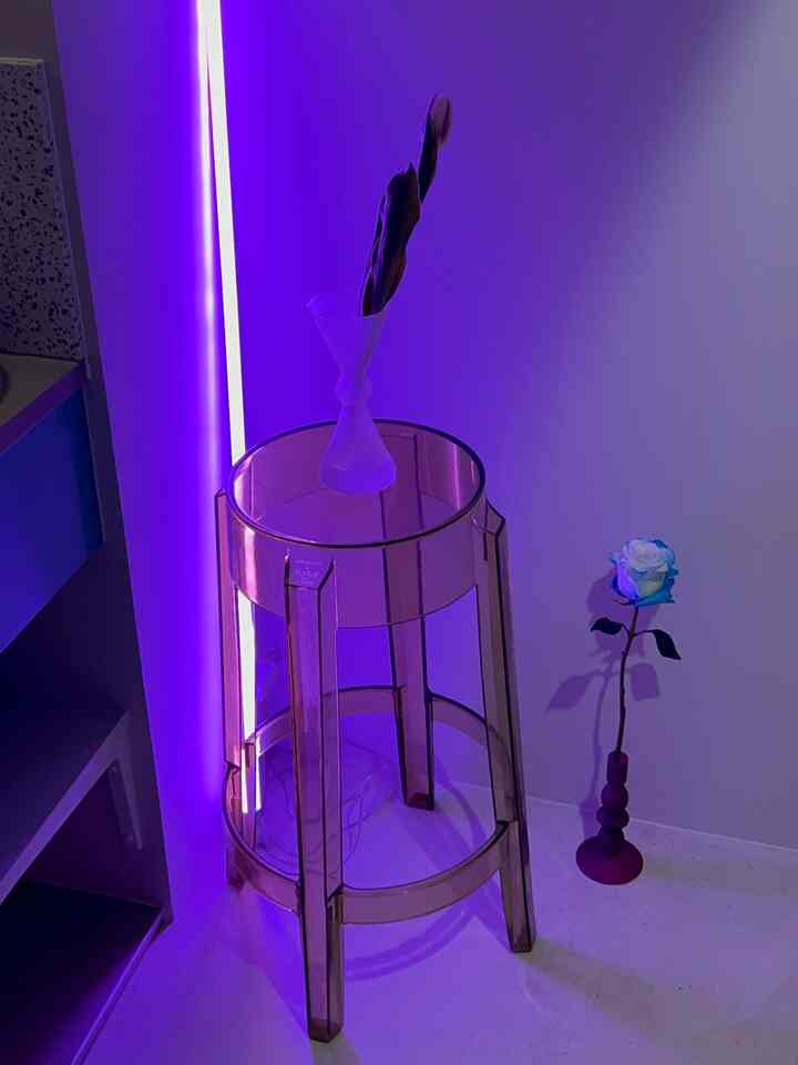 ピンク色のネオン照明があるモダンな玄関、透明なサイドテーブルと特徴的な花が配置された空間