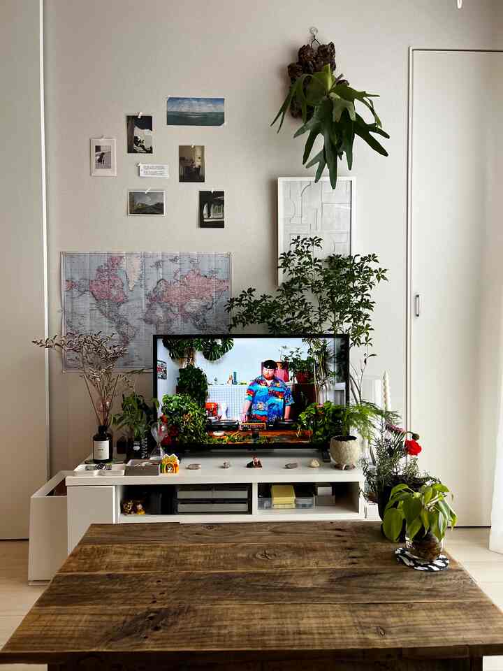 ナチュラルな木目調と観葉植物が配置された北欧風リビング、ポスターやウォールデコが調和する雰囲気のある空間