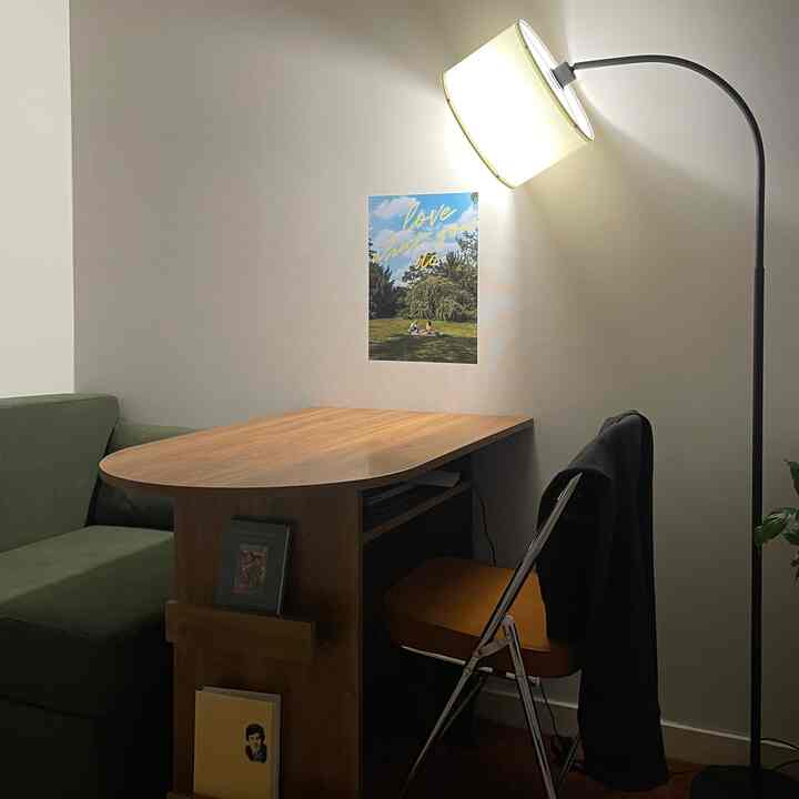 ブラウンの木製ダイニングテーブルとオレンジの折りたたみ椅子、グリーンのソファが配置されたナチュラルでヴィンテージな一人暮らしの空間