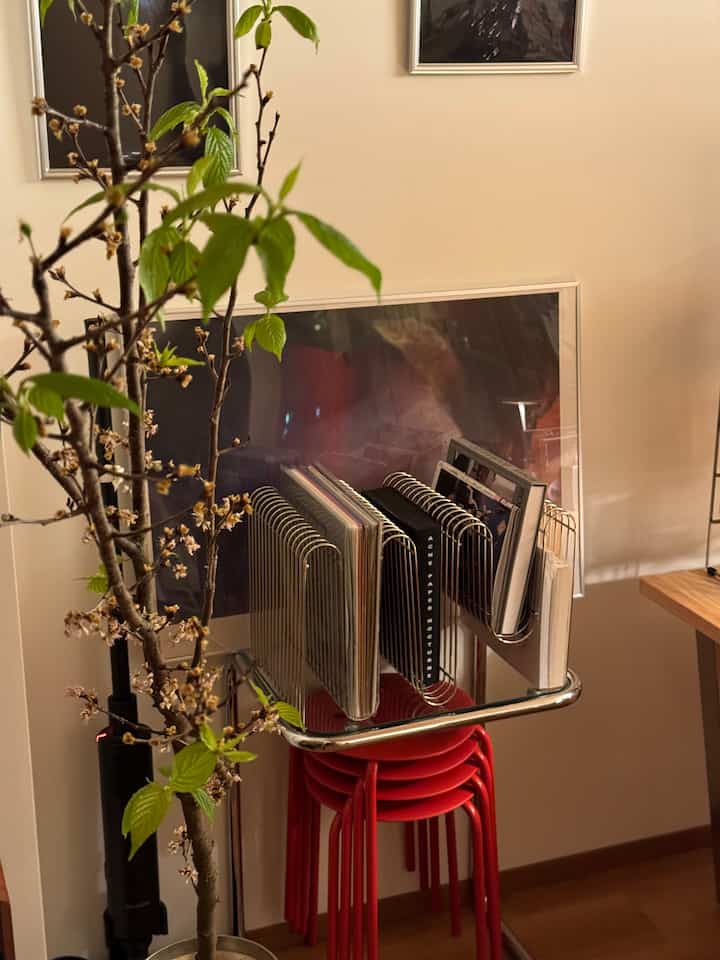 シルバーのワイヤーブックスタンドと木目調のデスクが配置された、すっきりとした一人暮らしのミッドセンチュリーモダンな雰囲気のインテリア