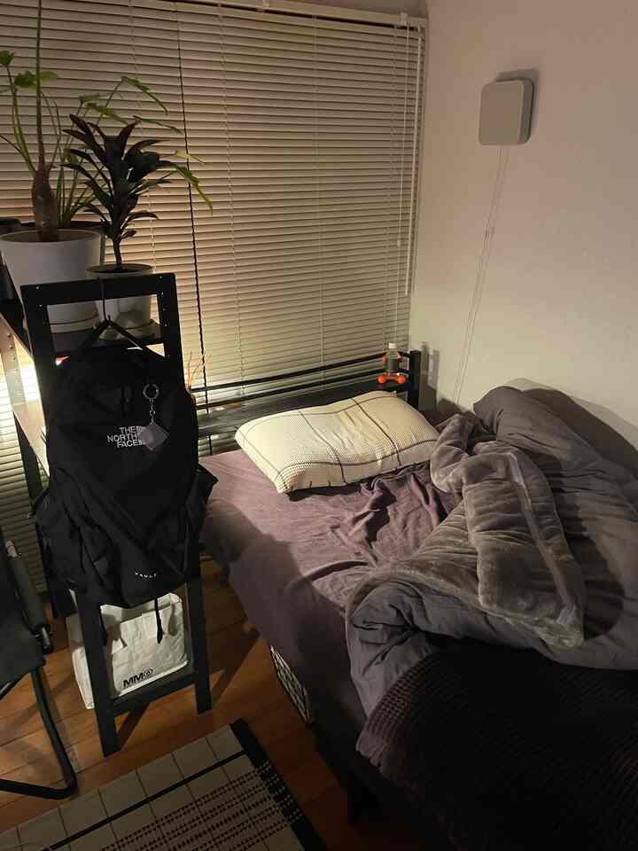 暗めの色調の一人暮らし寝室、ブラインドとウッドフロア、ベッドと植物が配された雰囲気ある空間