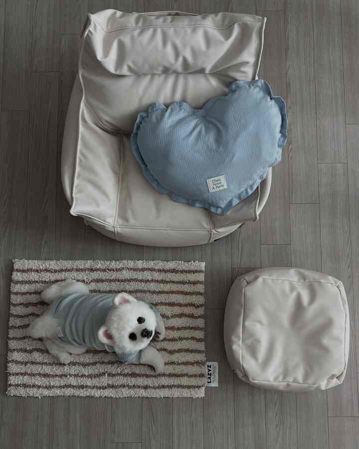 ナチュラルカラーのリビング、ベージュのビーズクッションとパステルブルーのハートクッション、しま模様のラグの上で犬がくつろぐ雰囲気のあるインテリア