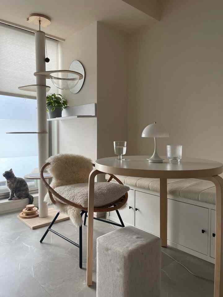 Natural-toned 6-tatami small studio featuring a cat tower and round table, cozy single household space