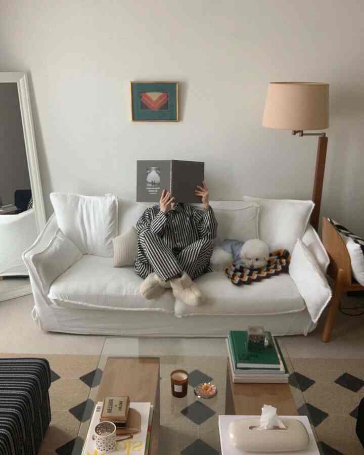 白を基調としたリビングルーム、中央に白いソファと小さなペット犬があり、ヴィンテージ風の照明と額が配置された落ち着いたインテリア