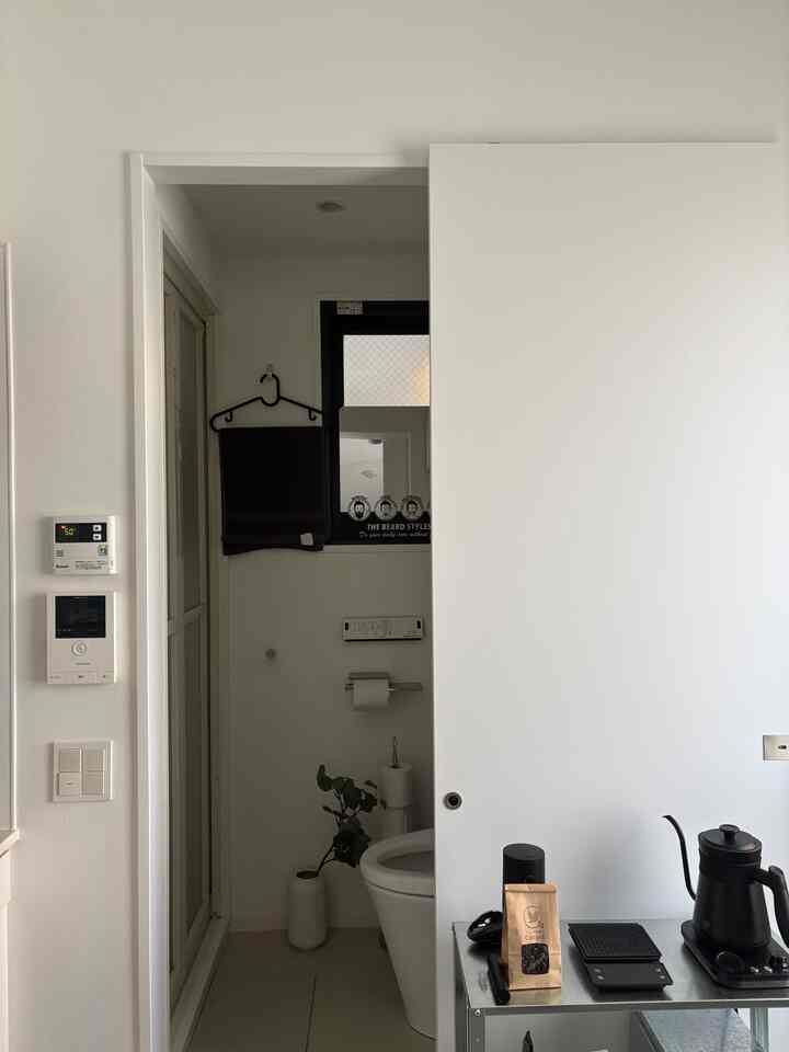 白を基調とした狭いトイレ空間、白い便器と植物が配置された清潔感のあるインテリア