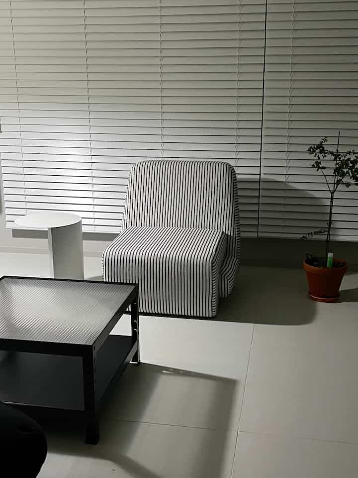 Monotone living room in white and black featuring a striped armchair, white side table, blinds, and plant creating a simple atmosphere