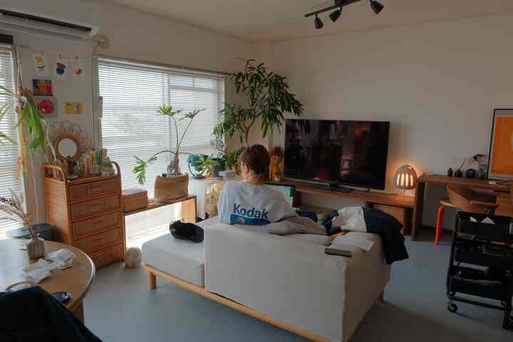 Natural style living room featuring white and wood tones, with plants near the window, a sofa, and TV creating a simple atmosphere