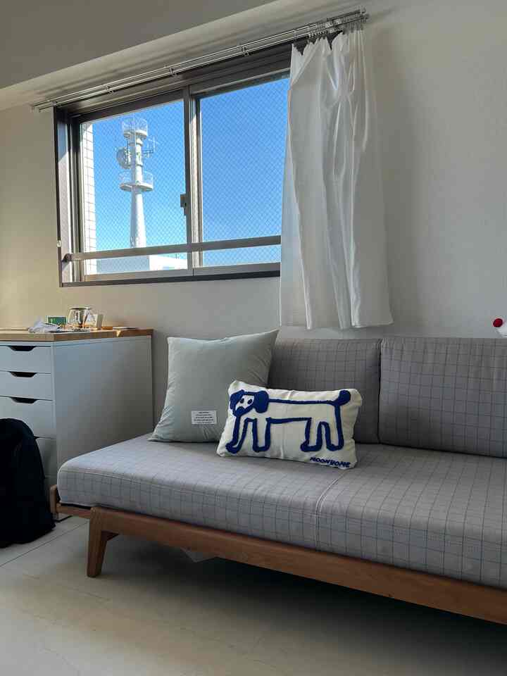 明るいホワイトとグレーのトーンのワンルーム、木製フレームのソファと犬の形のクッションが置かれたモダンなインテリア