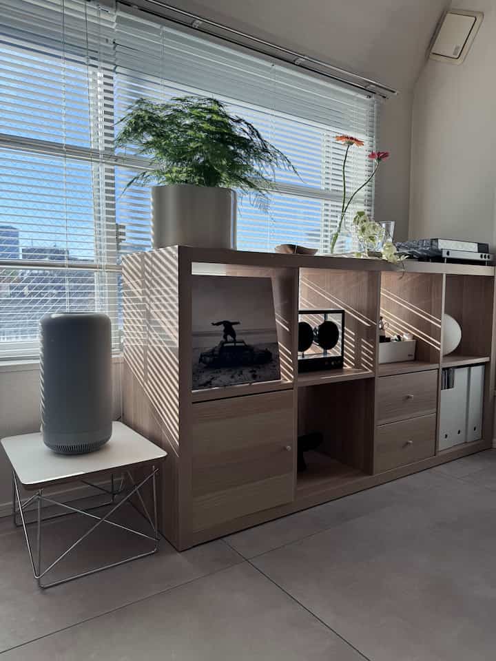 光が差し込む大きな窓の横に配置された木製の収納棚がある北欧風リビングスペース