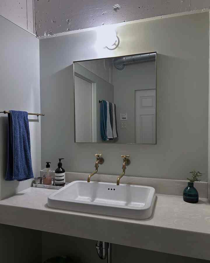 洗面インテリア🌿
海外のホテルをイメージした空間だけれども天井はインダストリアル🫶

#洗面所インテリア #洗面台 #洗面台インテリア #パリのアパルトマン #ホテルライク #築古マンション #リノベーション 