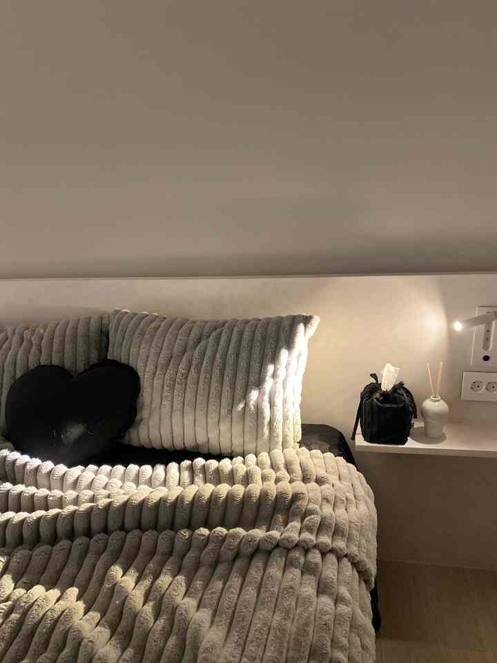 Gray-toned bedroom featuring soft cushions and blanket creating a cozy space