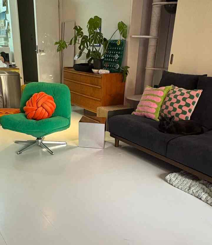 緑のアームチェアとオレンジのクッション、黒いソファとキャットタワーが配置されたペットと暮らすリビングの印象的な空間