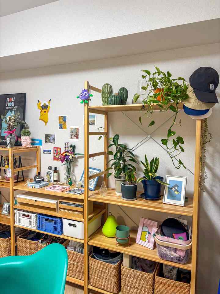 ナチュラルカラーの木製棚と緑の植物が配置された雰囲気のあるリビング