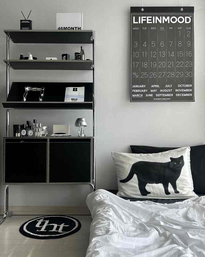 ブラックとホワイトのトーンの寝室、モダンなキャビネットと猫の柄の枕が配置された清潔感のある空間