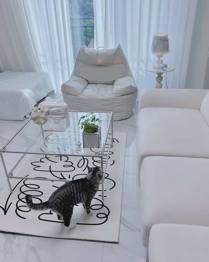 明るい白を基調としたリビング、白のビーズクッションとソファが配置され、中央に黒の模様のラグと猫がいるシンプルでモダンな雰囲気のインテリア