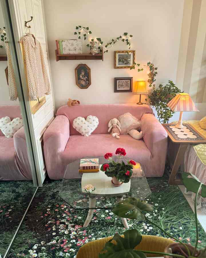 ピンクの2人掛けソファと花柄のラグ、照明と植物が配置された温かみのあるリビングスペース