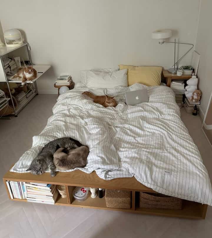ナチュラルな木目調とホワイトの寝室、収納ベッドと猫たちが配置された雰囲気のあるミニマルモダンなインテリア