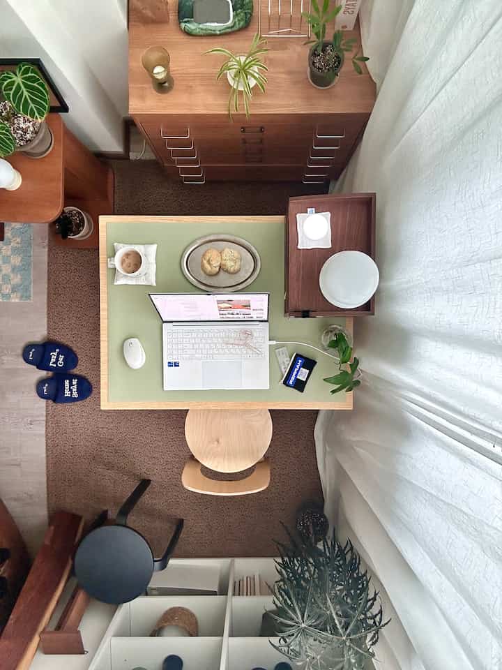 Natural wood tone and green placemat blend in a compact home office space featuring a neatly organized desk with plants, creating a cozy atmosphere