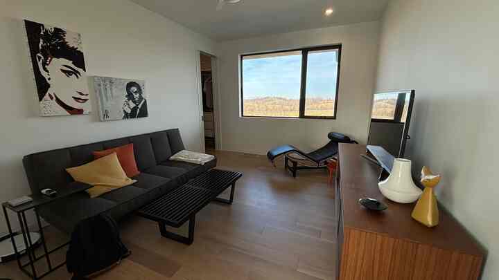 Mid-century modern living room with white walls and wood tone floor, featuring a black bench sofa and Le Corbusier style recliner arranged in a tidy space