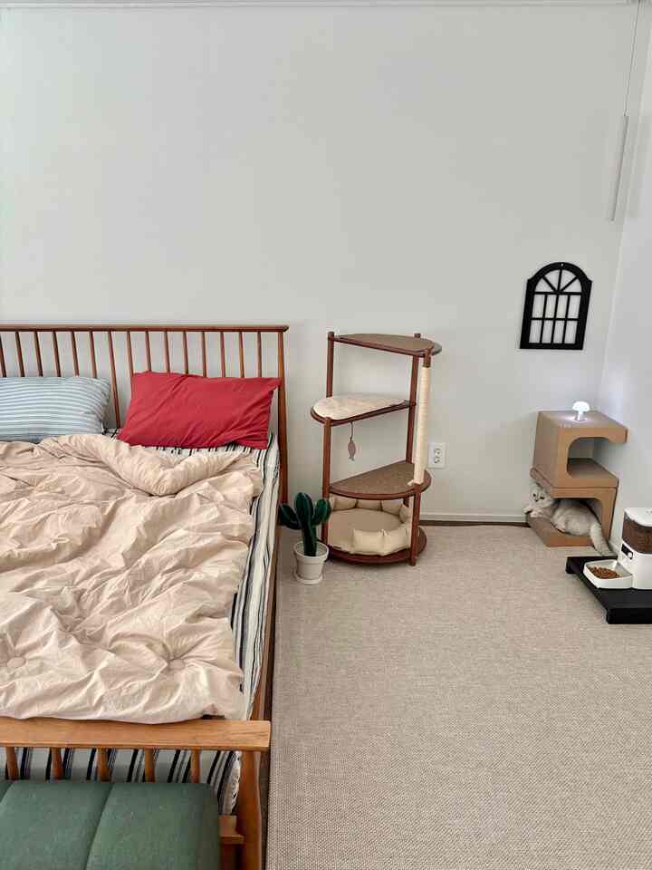 ナチュラルな色調の寝室、木製ベッドとキャットタワー、猫用ハウスが配された雰囲気のあるインテリア