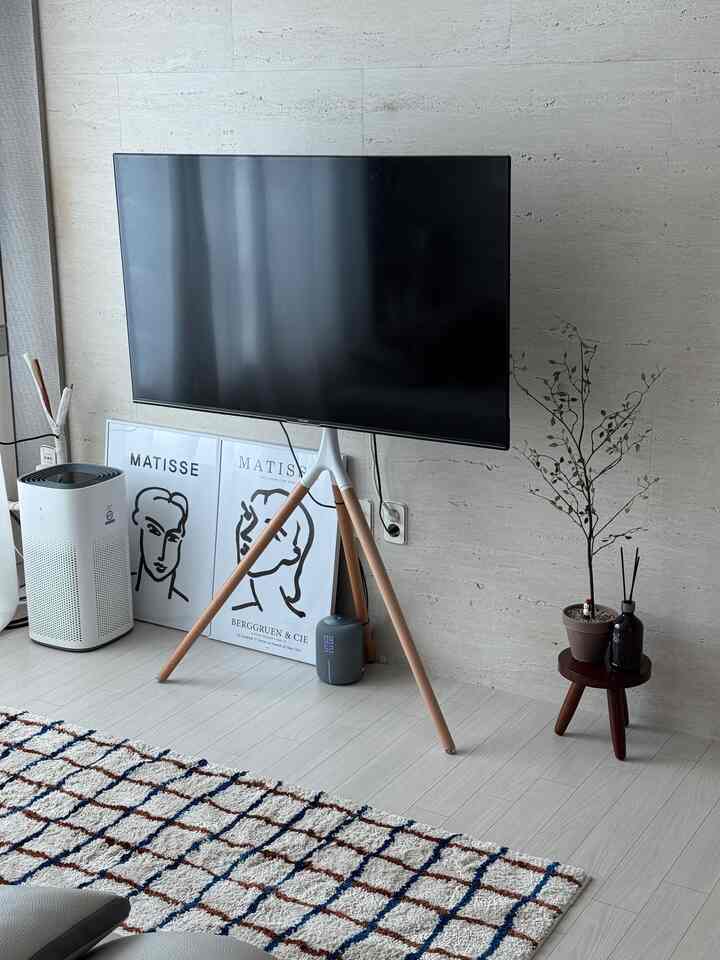 ホワイトとブラウンの木目調が調和したリビング、三脚のテレビスタンド、パターンラグ、小さな植物が配置された温かみのある雰囲気のインテリア