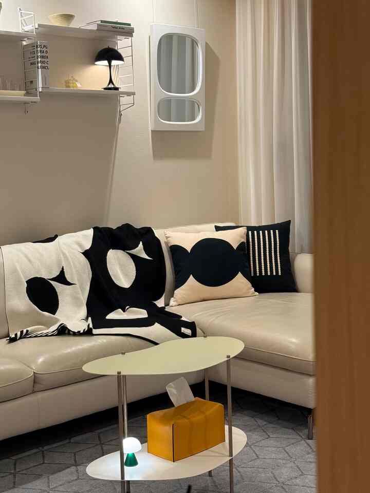 White and black toned living room featuring a sectional sofa with cushions and throw blanket in a simple modern style