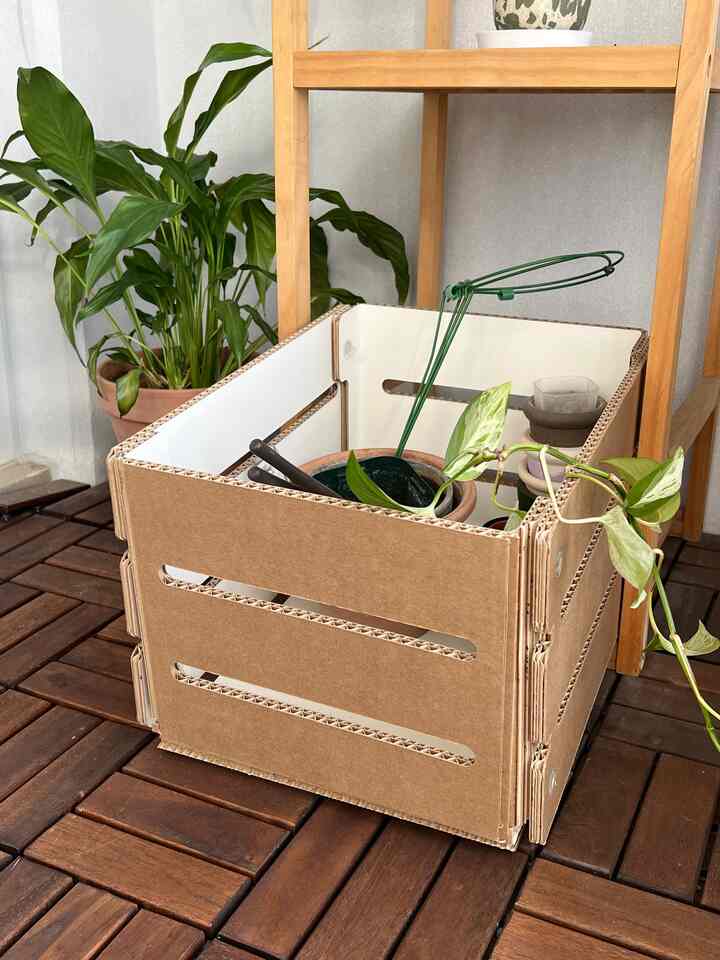 木目調の床のベランダ、段ボール箱に入った植物とテラコッタ鉢が配置された雰囲気のあるインテリア