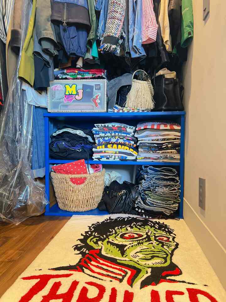 White and blue toned small closet space featuring colorful clothes and a graphic rug with neat storage