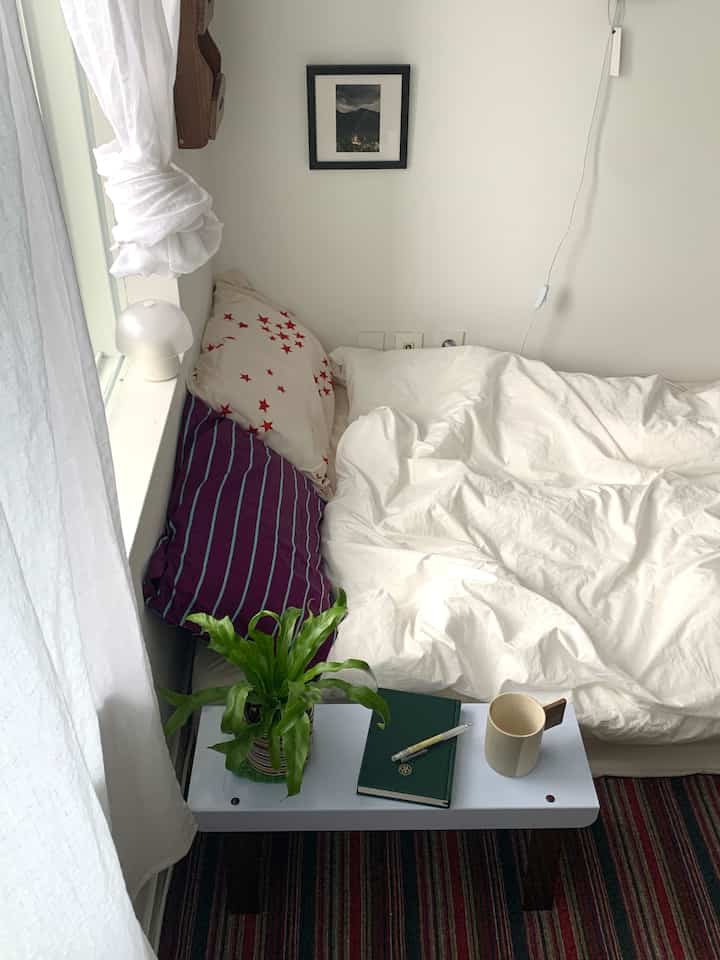 白色トーンの寝室、星柄の枕と植物が配置された落ち着いた雰囲気の小さな部屋のインテリア